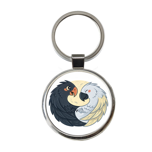 Two Parrots Yin Yang Round Metal Keychain