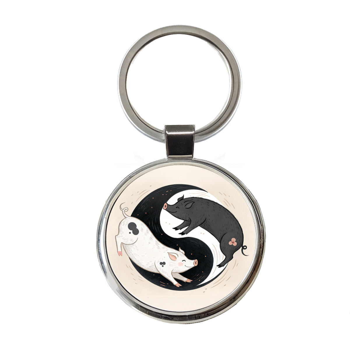 Two Pigs Yin Yang Cute Round Metal Keychain
