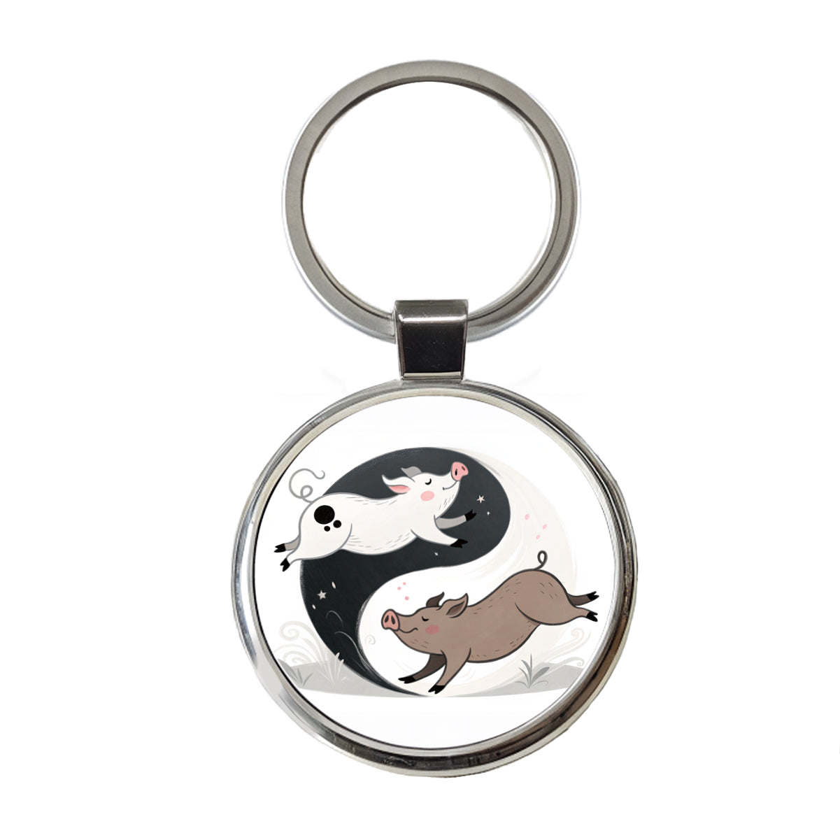 Two Pigs Yin Yang Round Metal Keychain