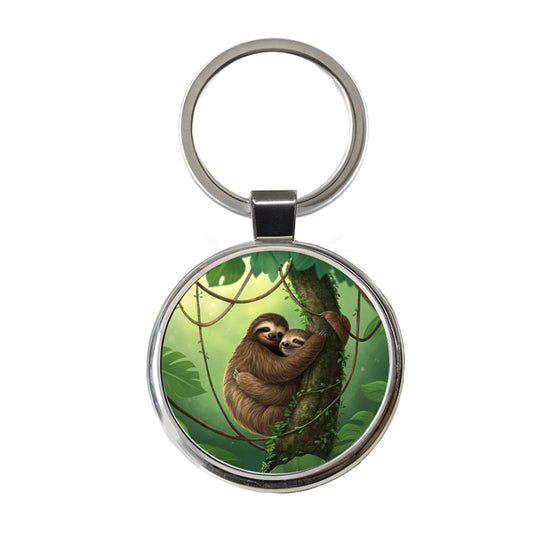 Two Sloths Hugging Round Metal Keychain
