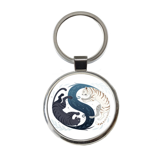 Two Tigers Yin Yang Awesome Round Metal Keychain
