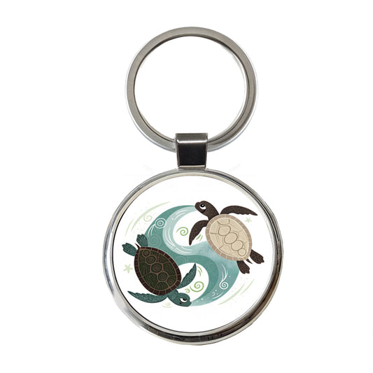 Two Turtles Yin Yang Round Metal Keychain
