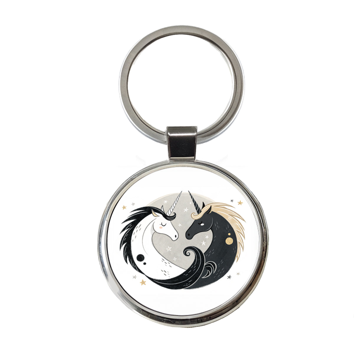 Two Unicorns Yin Yang Black White Round Metal Keychain