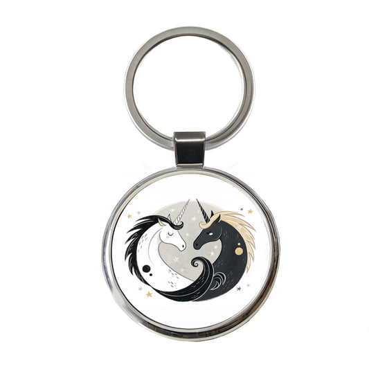 Two Unicorns Yin Yang Black White Round Metal Keychain