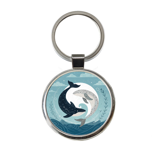 Two Whales Yin Yang Ocean Sky Round Metal Keychain