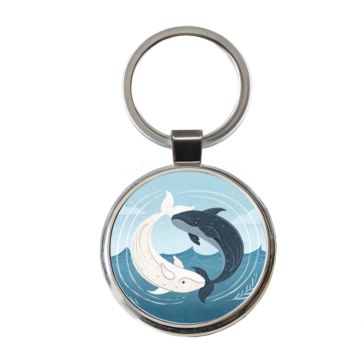 Two Whales Yin Yang Ocean Round Metal Keychain