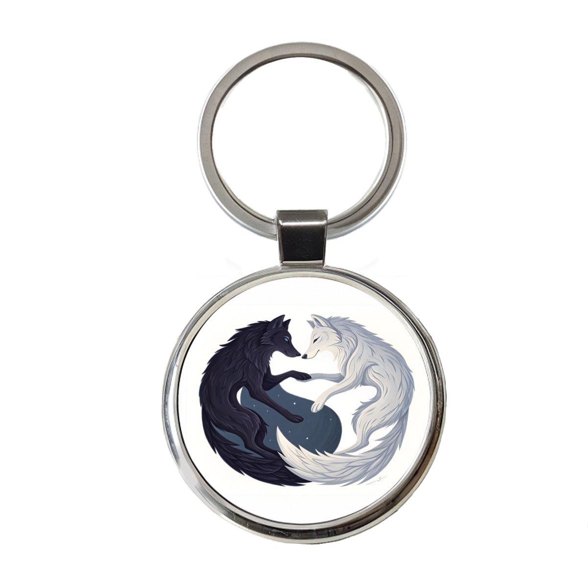 Two Wolves Yin Yang Black White Round Metal Keychain