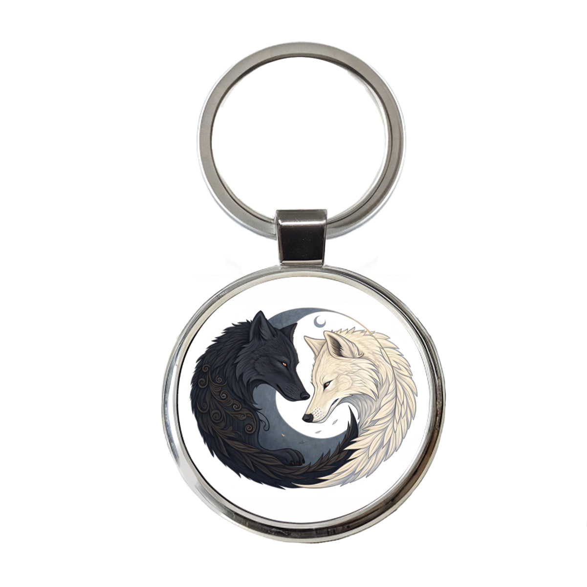 Two Wolves Yin Yang Round Metal Keychain