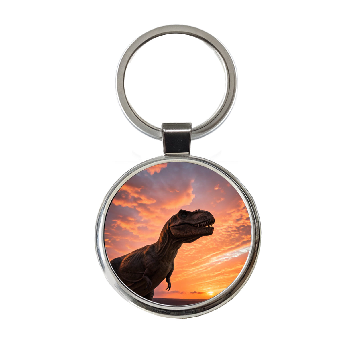 Tyrannosaurus T-Rex Dinosaur Sunset Sunrise Round Metal Keychain