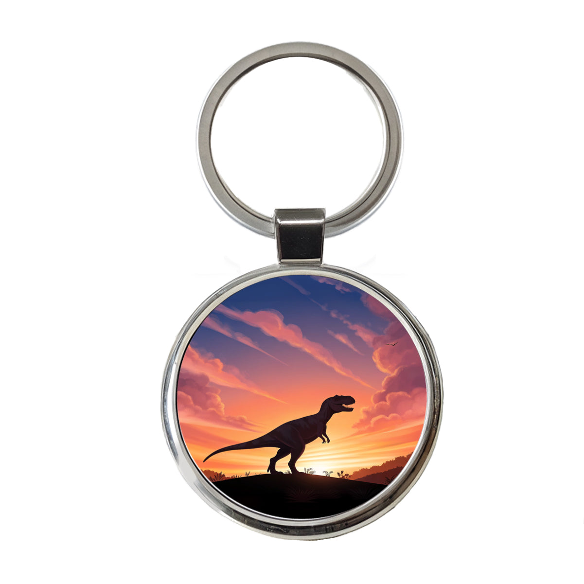 Tyrannosaurus T-Rex Dinosaur Sunset Round Metal Keychain