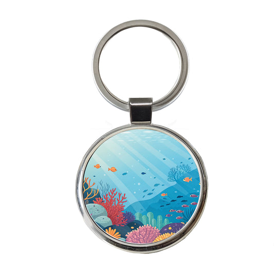Underwater Reef Scene Fish Coral Ocean Tropical Round Metal Keychain
