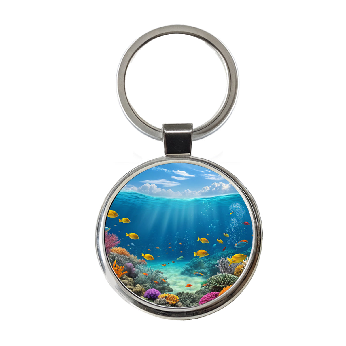 Underwater Reef Scene Tropical Fish Ocean Round Metal Keychain