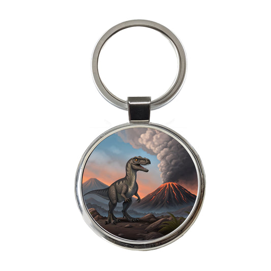 Velociraptor Volcano Dinosaur Round Metal Keychain
