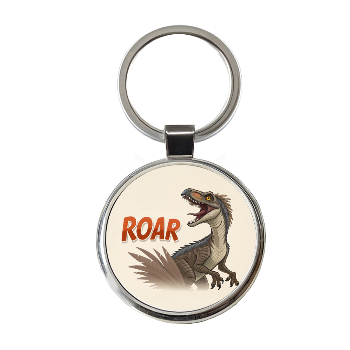 Velociraptor With Roar Dinosaur Round Metal Keychain