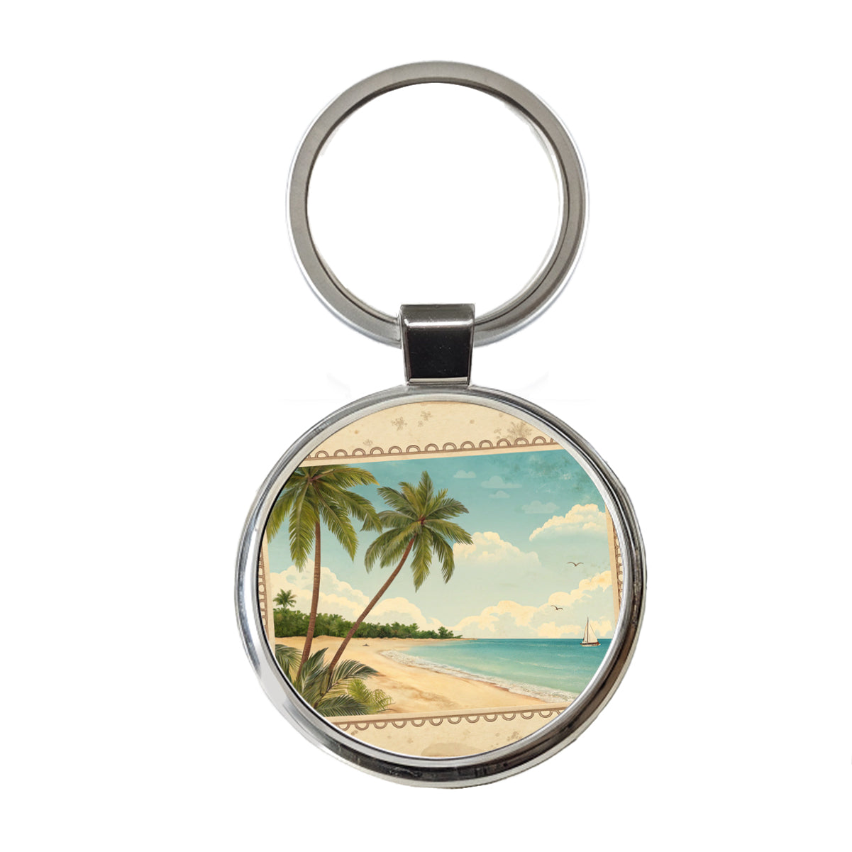 Vintage Beach Postcard Tropical Round Metal Keychain