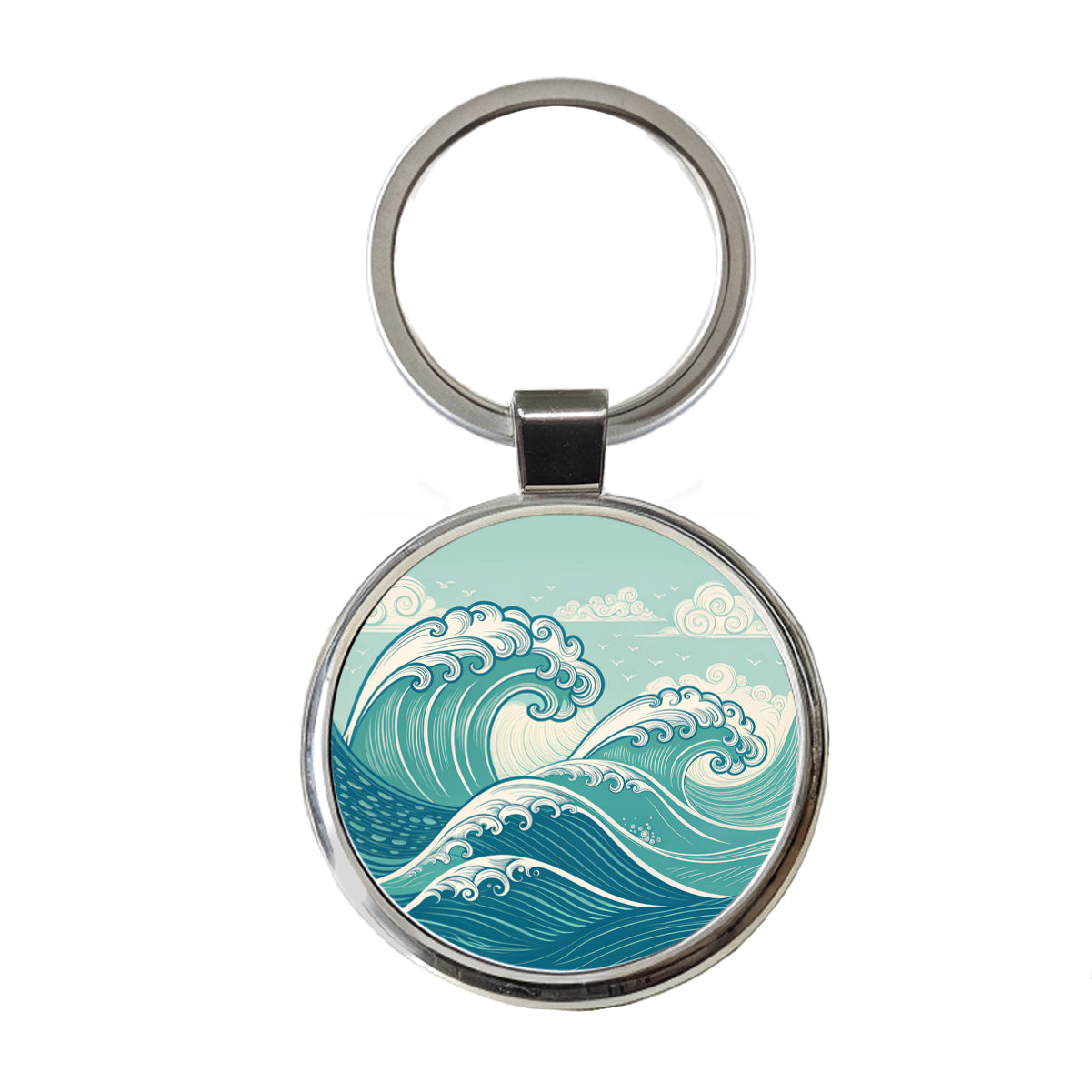 Vintage Ocean Waves Drawing Round Metal Keychain