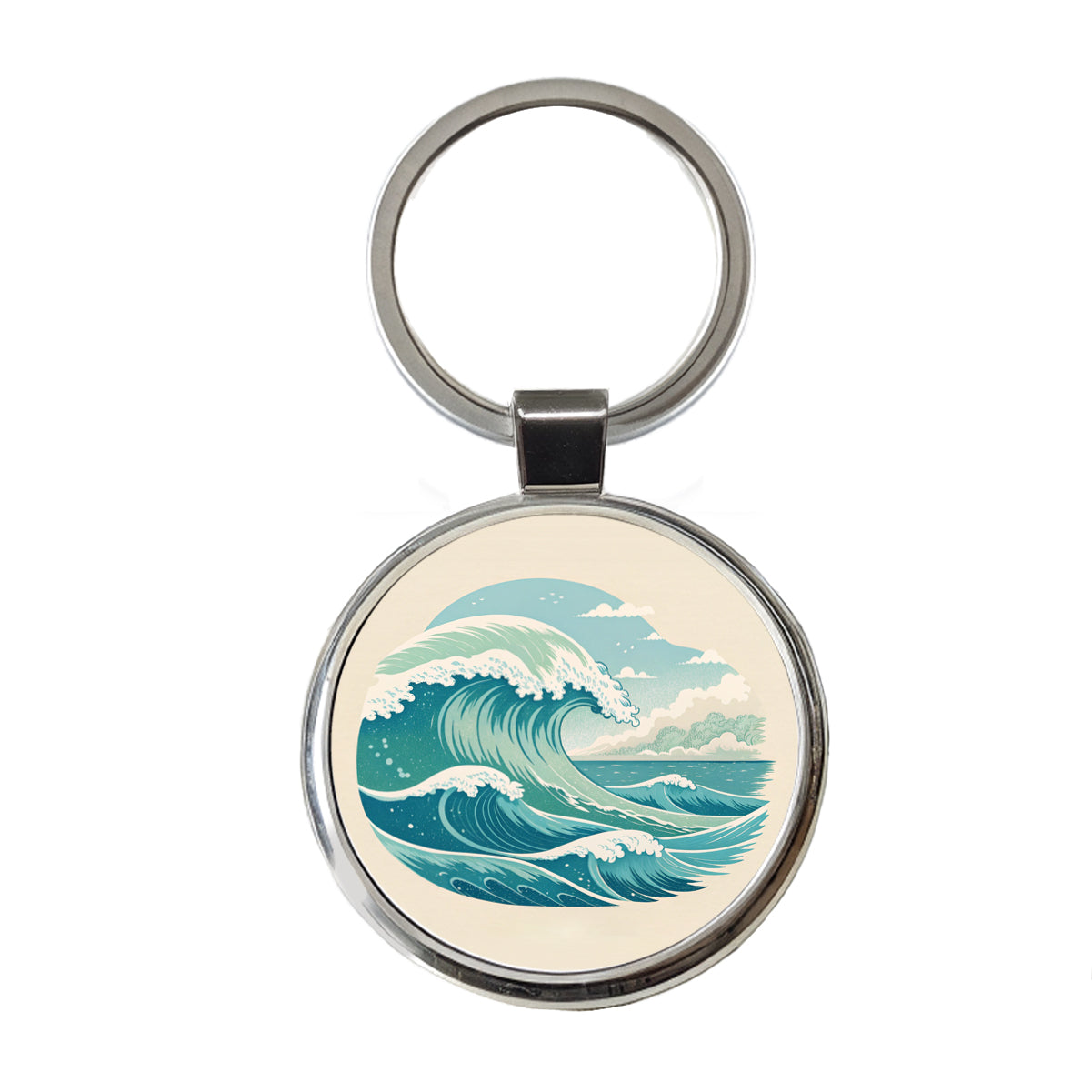 Vintage Ocean Waves Round Metal Keychain