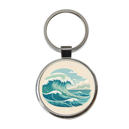 Vintage Ocean Waves Round Metal Keychain