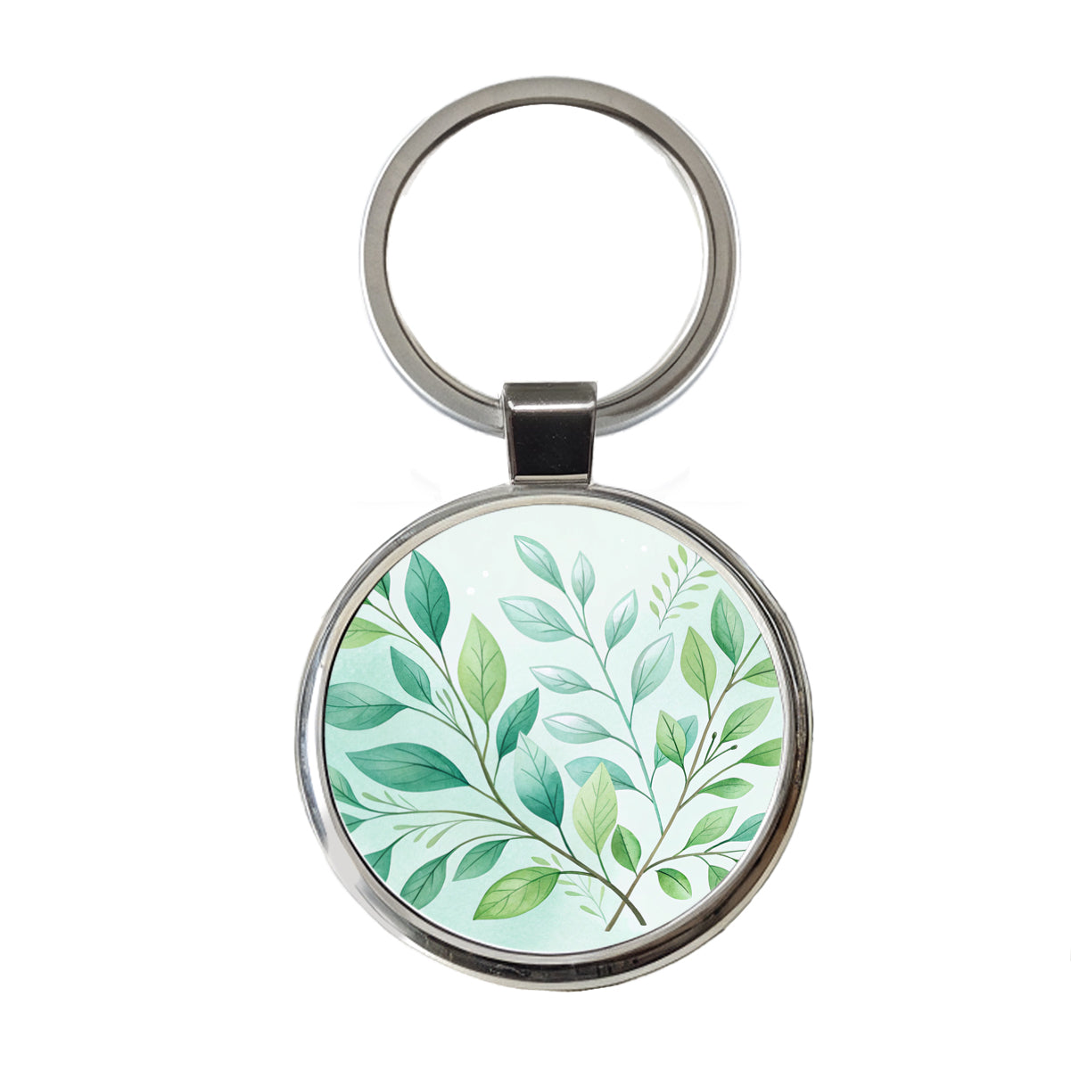 Watercolor Green Leaves And Branches Minimalist Round Metal Keychain