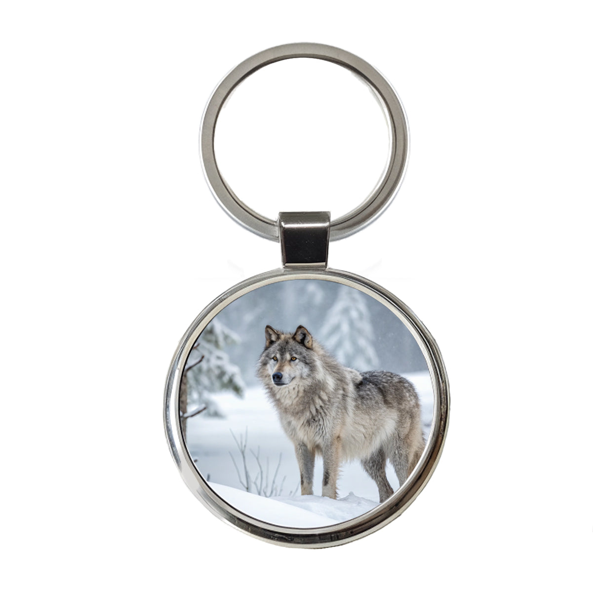 Wolf In Snow Scene Stunning Round Metal Keychain