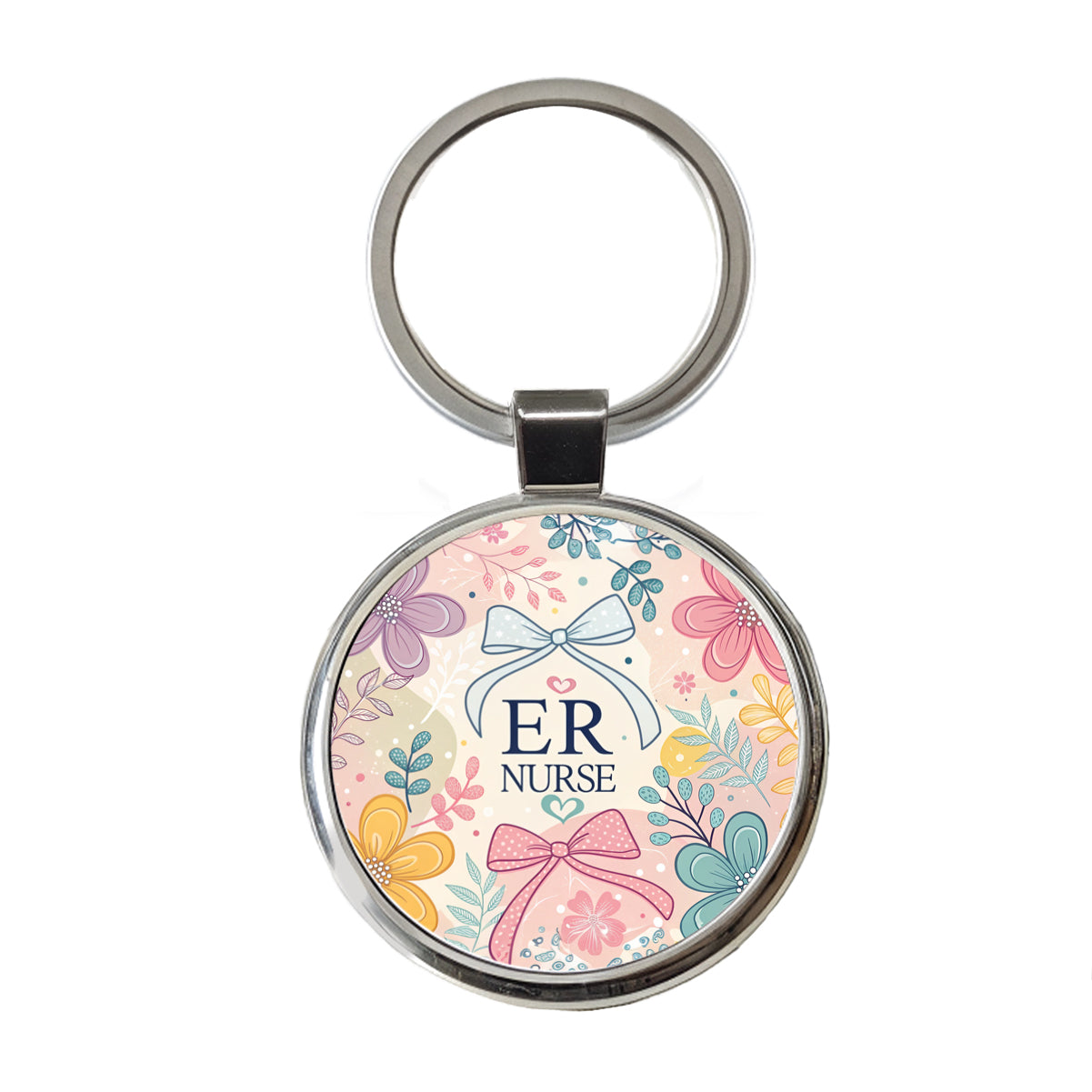 ER Emergency Room Nurse Appreciation Coquette Bows Flowers Round Metal Keychain