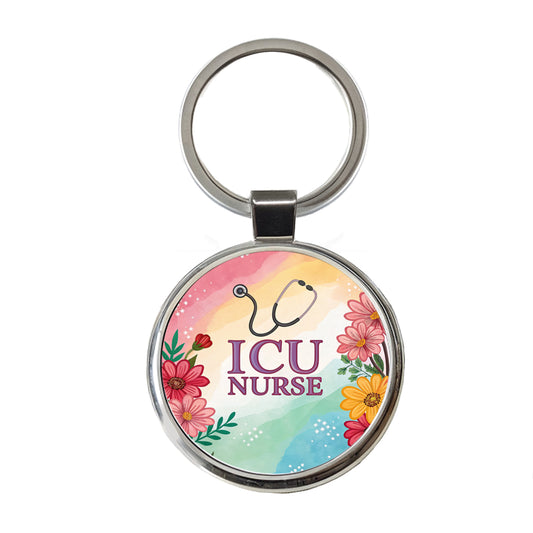 ICU Nurse Appreciation Stethoscope Flowers Floral Round Metal Keychain