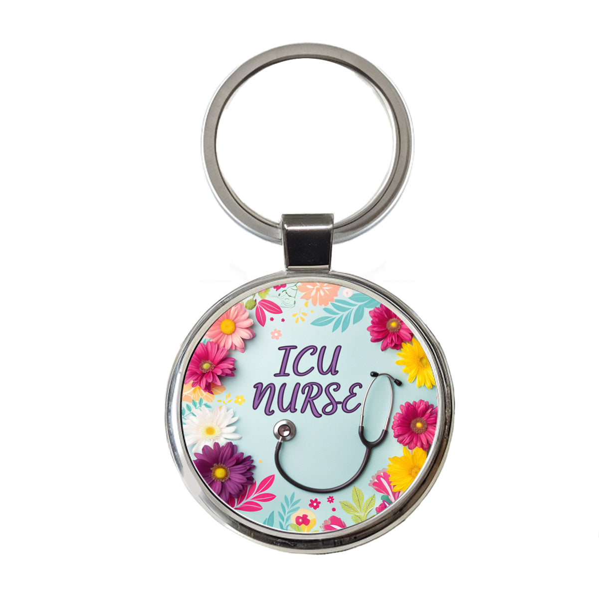 ICU Nurse Appreciation Stethoscope Flowers Round Metal Keychain