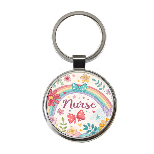 Nurse Appreciation Coquette Bows Flowers Round Metal Keychain