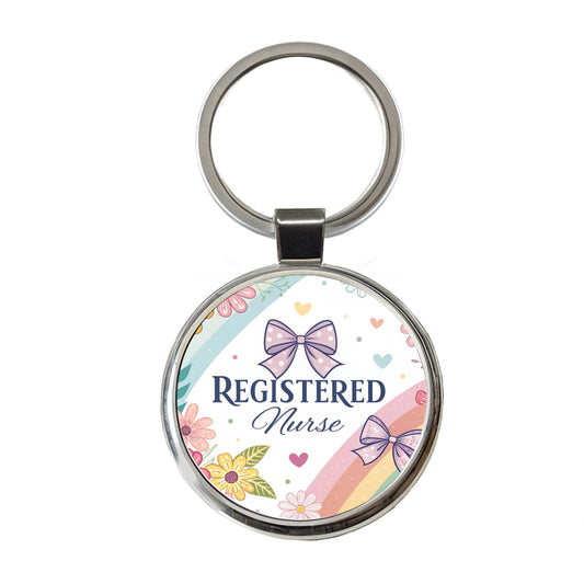 Registered Nurse RN Appreciation Coquette Bows Flowers Floral Round Metal Keychain