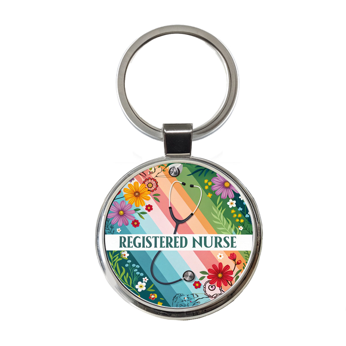 Registered Nurse RN Appreciation Stethoscope Colorful Flowers Round Metal Keychain