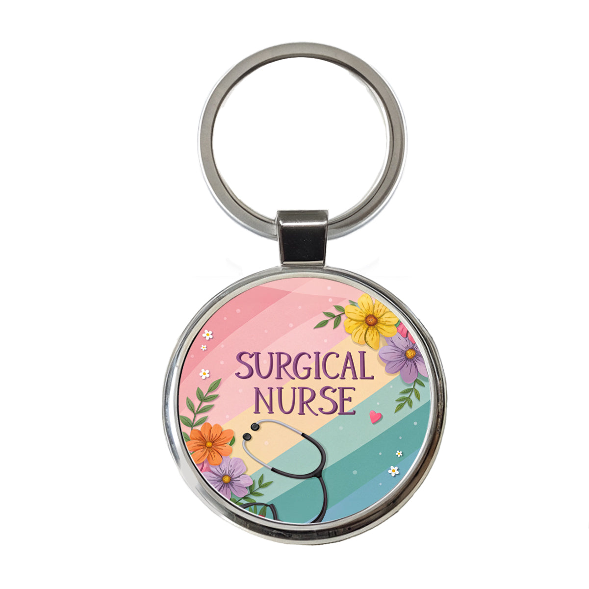 Surgical Nurse Appreciation Stethoscope Flowers Round Metal Keychain