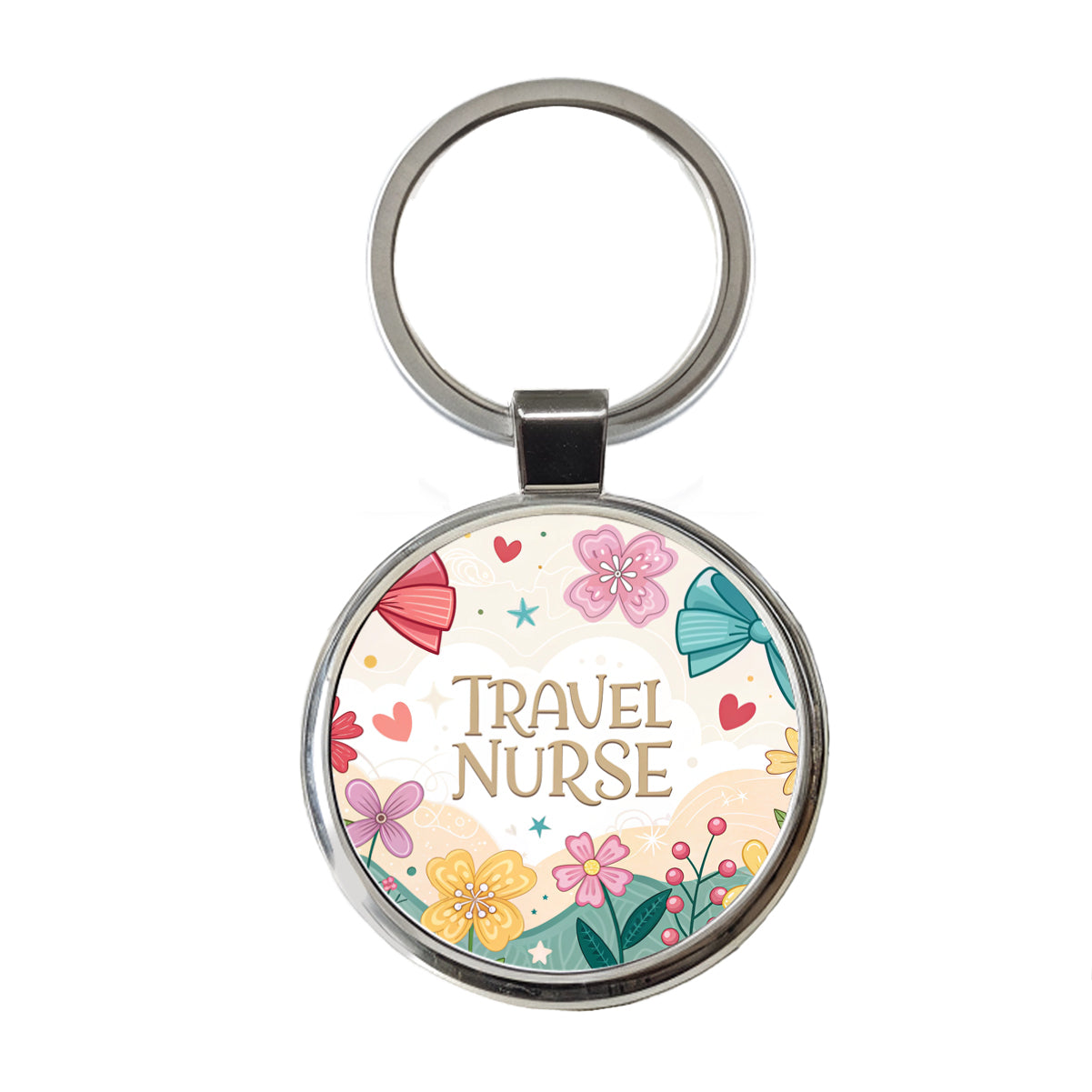 Travel Nurse Appreciation Coquette Bows Flowers Round Metal Keychain