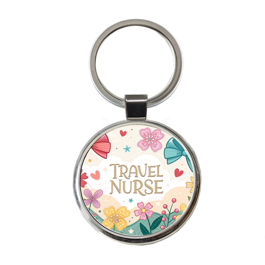 Travel Nurse Appreciation Coquette Bows Flowers Round Metal Keychain