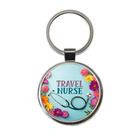 Travel Nurse Appreciation Stethoscope Flowers Round Metal Keychain
