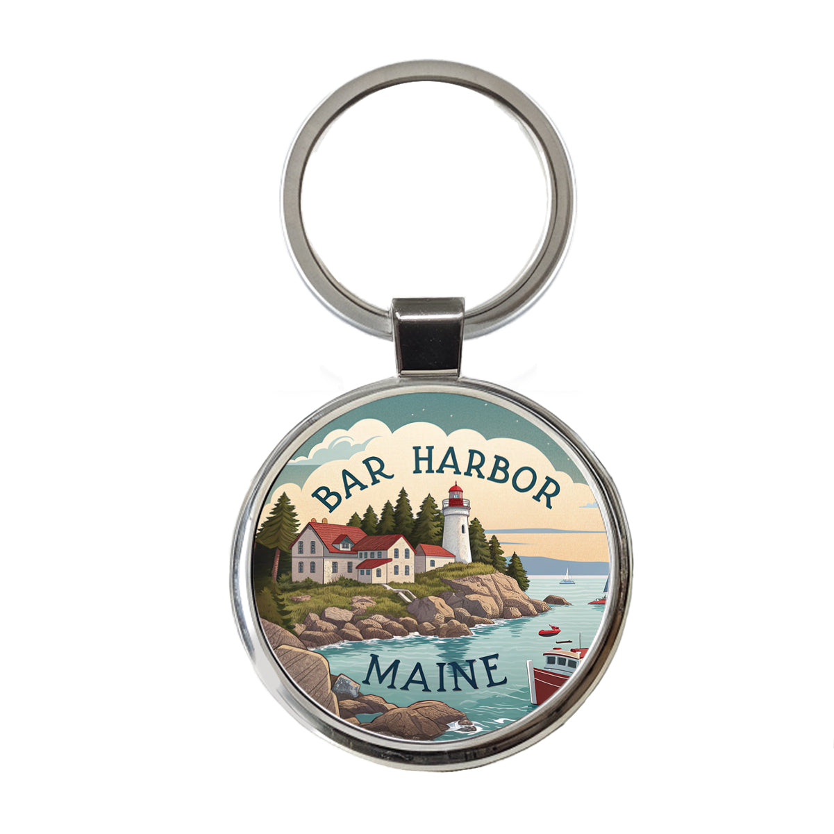 Bar Harbor, Maine ME Travel City State Stamp Round Metal Keychain