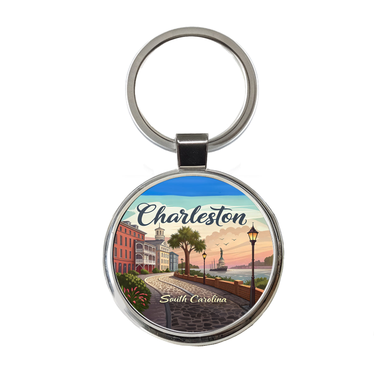 Charleston, South Carolina SC Travel City State Stamp Round Metal Keychain