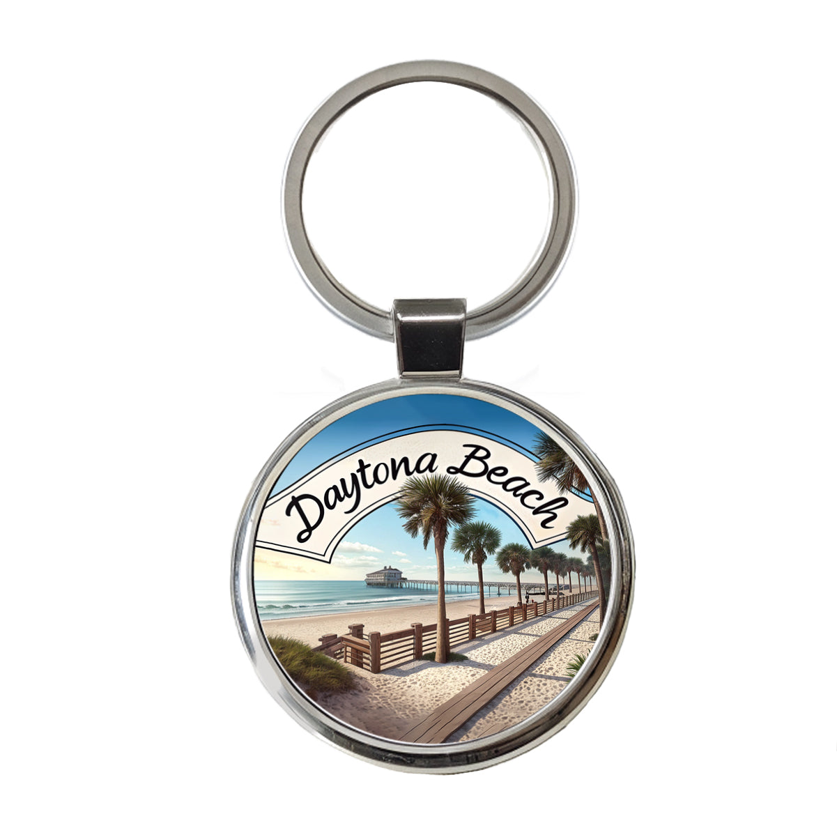 Daytona Beach, Florida FL Travel City State Stamp Round Metal Keychain