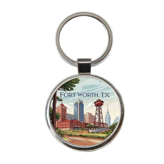 Fort Worth, Texas TX Travel City State Stamp Round Metal Keychain