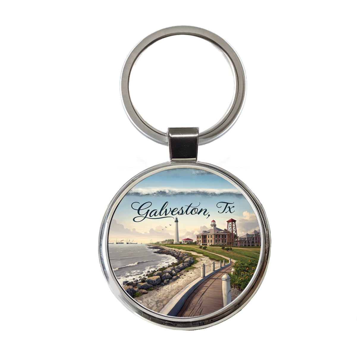 Galveston, Texas TX Travel City State Stamp Round Metal Keychain