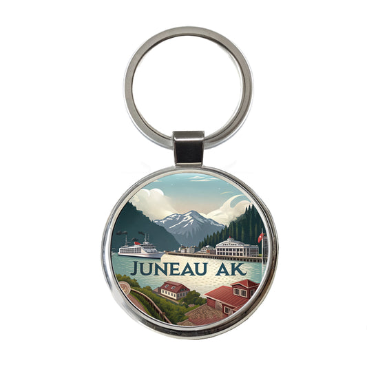 Juneau, Alaska AK Travel City State Stamp Round Metal Keychain