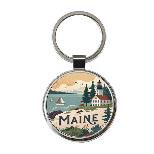 Maine ME Travel City State Stamp Round Metal Keychain
