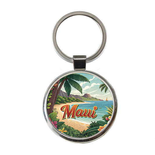 Maui, Hawaii HI Tropical Travel City State Stamp Round Metal Keychain