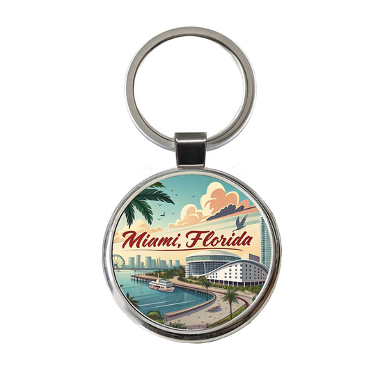 Miami, Florida FL Travel City State Stamp Round Metal Keychain