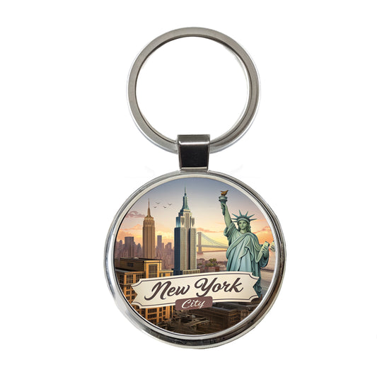 New York City NY Travel City State Stamp Round Metal Keychain
