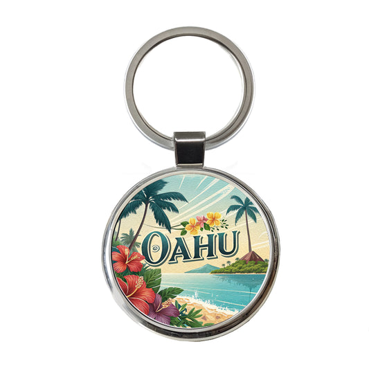 O'Ahu Hawaii HI Travel City State Stamp Round Metal Keychain