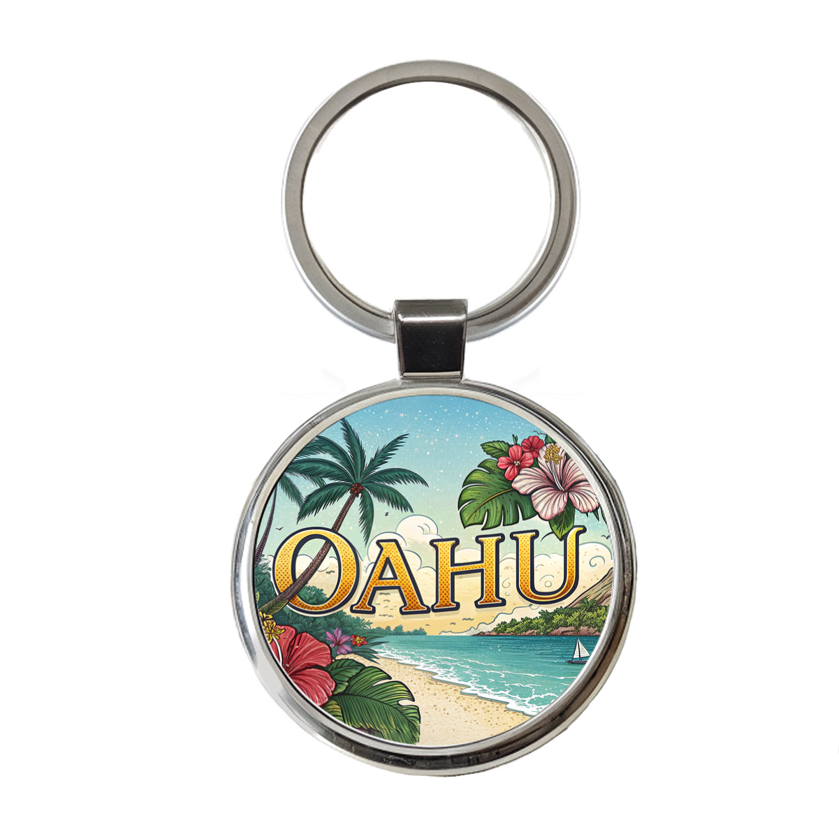 O'Ahu Hawaii HI Tropical Travel City State Stamp Round Metal Keychain