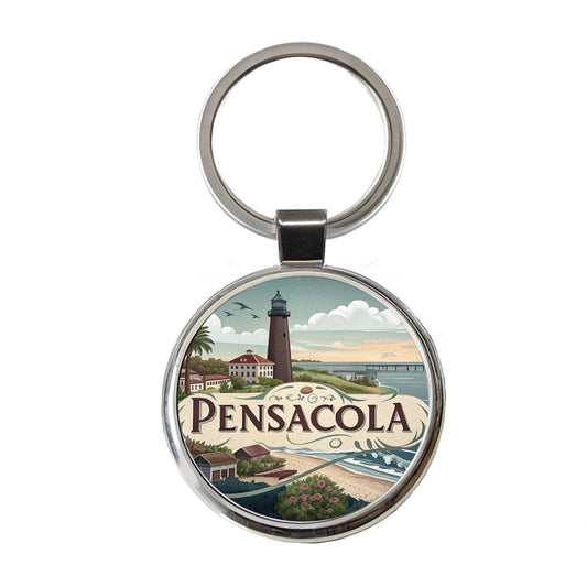 Pensacola, Florida FL Travel City State Stamp Round Metal Keychain