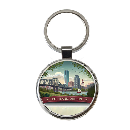 Portland, Oregon OR Travel City State Stamp Round Metal Keychain