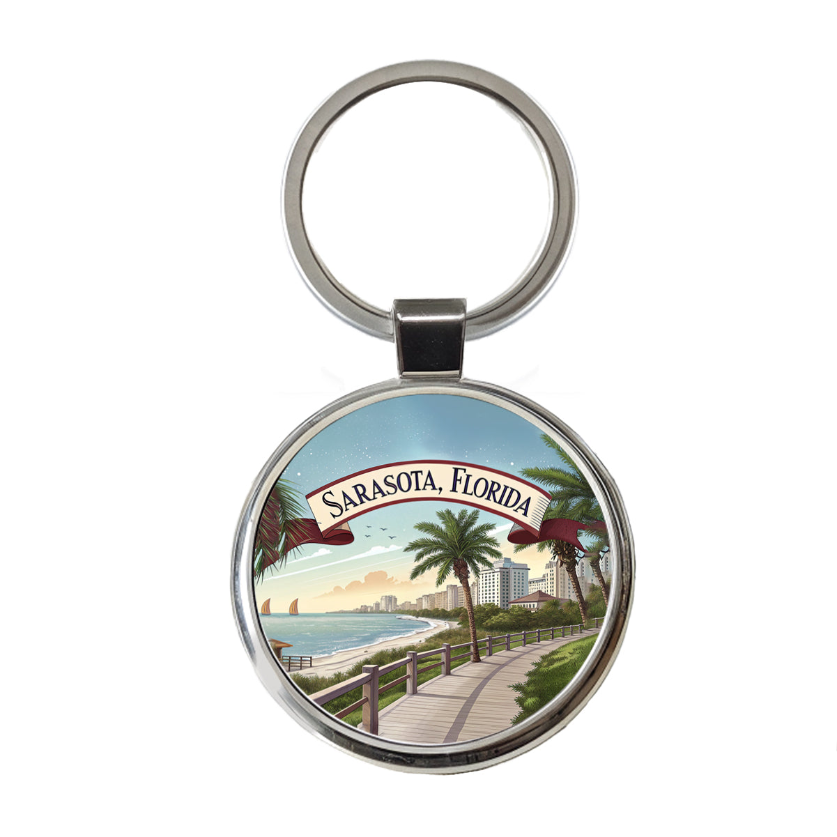 Sarasota, Florida FL Travel City State Stamp Round Metal Keychain