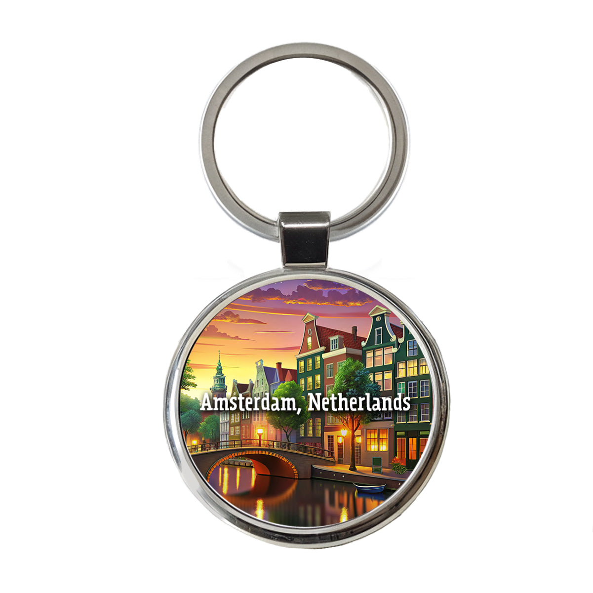 Amsterdam, Netherlands Travel City Country Stamp Round Metal Keychain